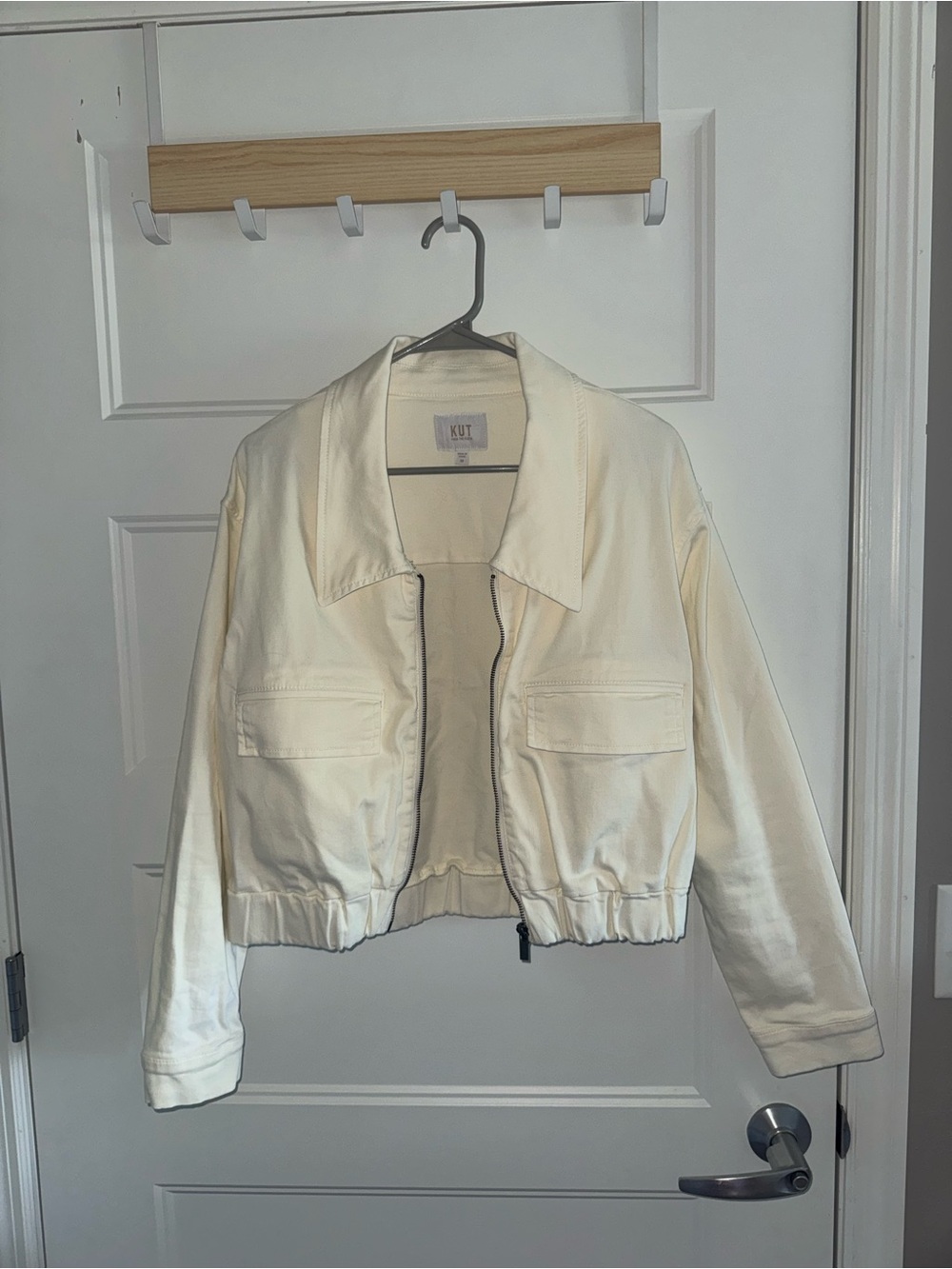 Kut from the Kloth Cropped Zip Bomber Jacket in Ivory Cream